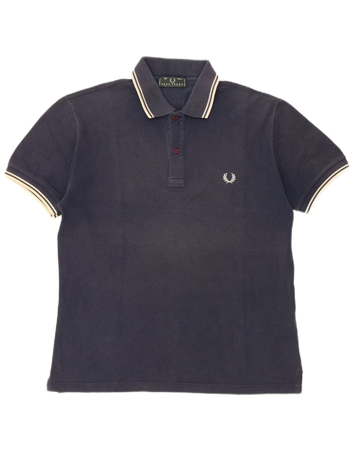 Fred Perry Mens Polo Shirt Medium Navy Blue Striped Cotton
