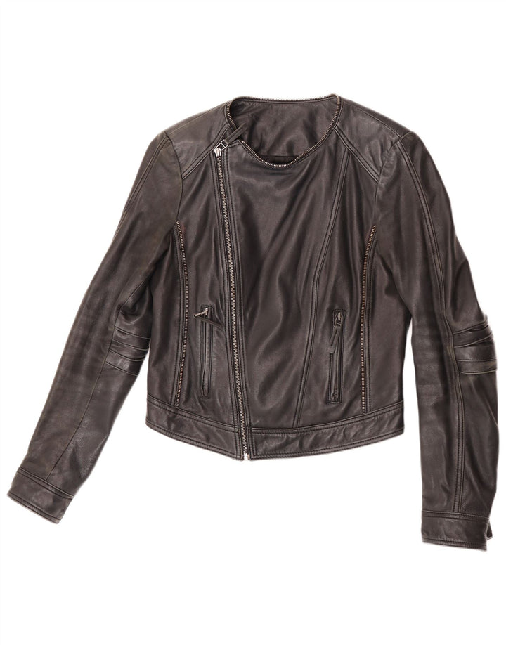 Max Womens Crop Biker Leather Jacket UK 12 Medium Black Leather