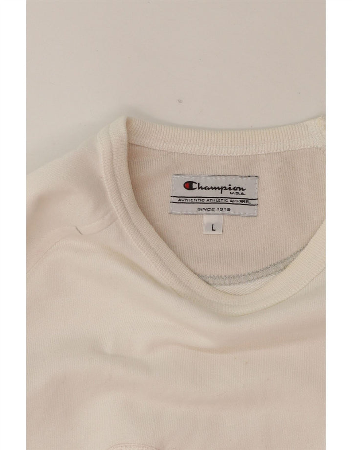 CHAMPION Mens Graphic Sweatshirt Jumper Large White Cotton Vintage Champion and Second-Hand Champion from Messina Hembry 