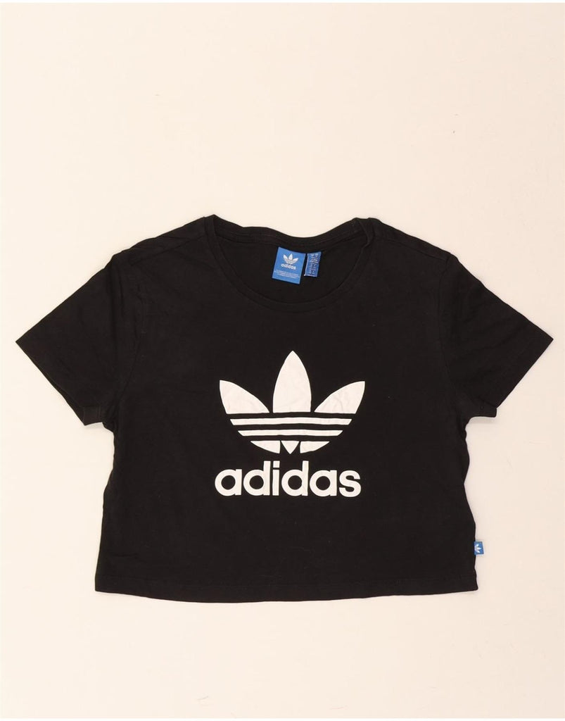 ADIDAS Womens Crop Graphic T-Shirt Top UK 14 Medium Black Cotton Vintage Adidas and Second-Hand Adidas from Messina Hembry 