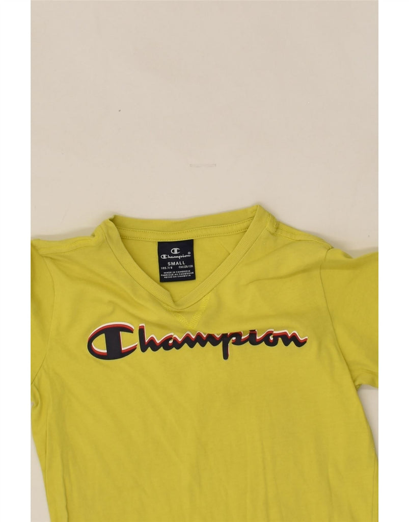 CHAMPION Boys Graphic T-Shirt Top 7-8 Years Small  Yellow Cotton | Vintage Champion | Thrift | Second-Hand Champion | Used Clothing | Messina Hembry 