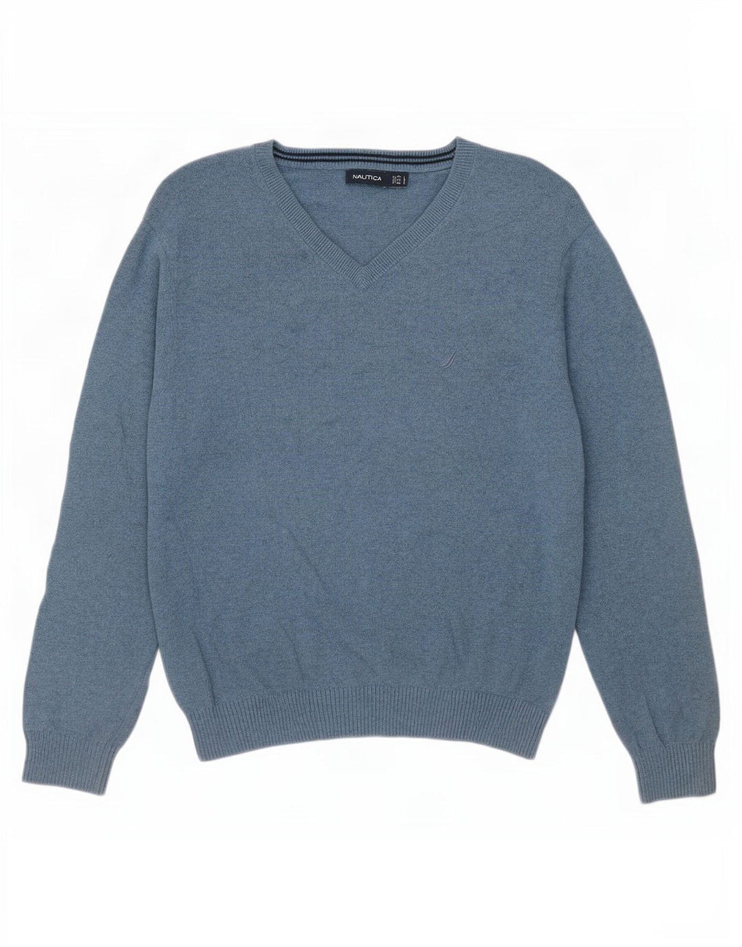 Nautica Mens V-Neck Jumper Sweater Large Blue Cotton