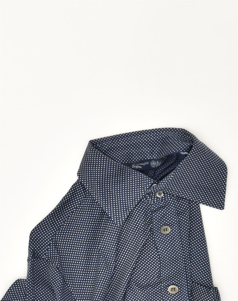 ERMENEGILDO ZEGNA Mens Shirt Size 40 Medium Navy Blue Polka Dot Cotton | Vintage Ermenegildo Zegna | Thrift | Second-Hand Ermenegildo Zegna | Used Clothing | Messina Hembry 