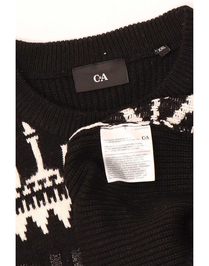 C & A Mens Crew Neck Jumper Sweater 2XL Black Patchwork Acrylic