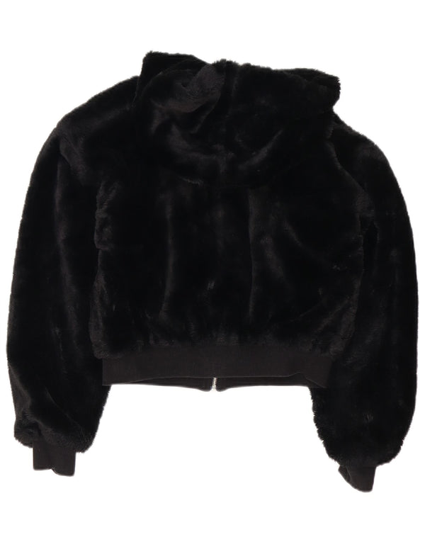 Topshop Womens Oversized Hooded Faux Fur Jacket UK 6 XS Black Polyester