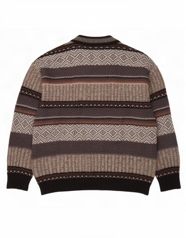 Jockey Mens V-Neck Jumper Sweater Large Grey Striped Wool