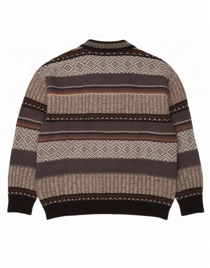 Jockey Mens V-Neck Jumper Sweater Large Grey Striped Wool