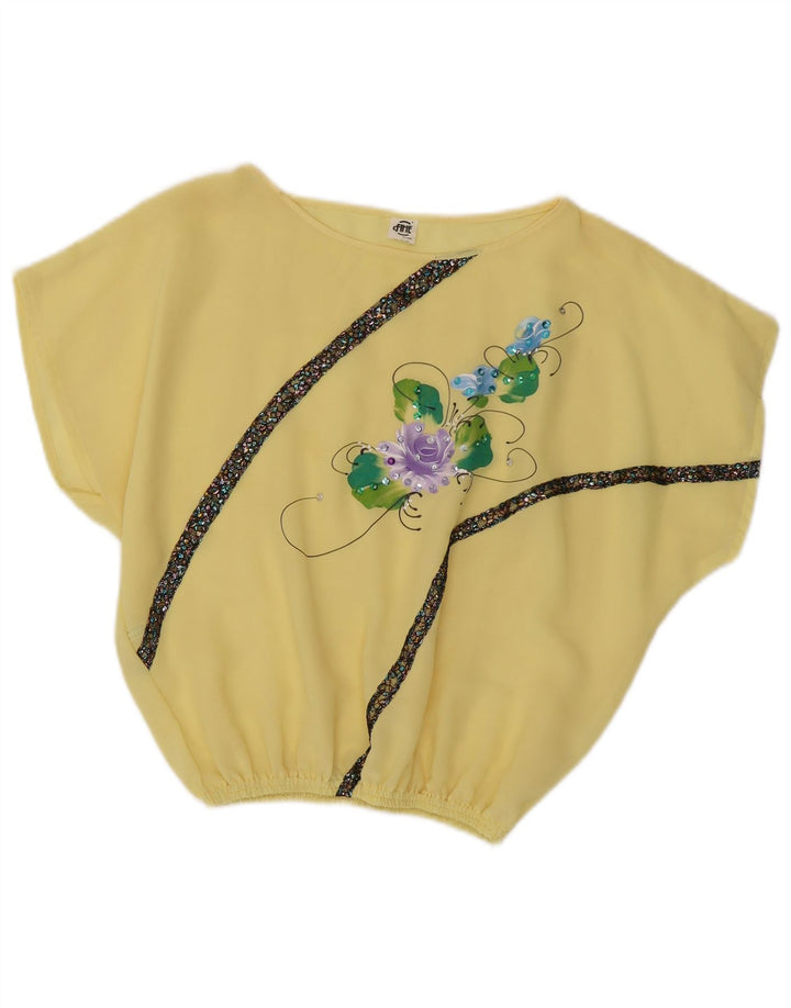 Vintage Womens Crop Blouse Top UK 14 Medium Yellow Floral Polyester