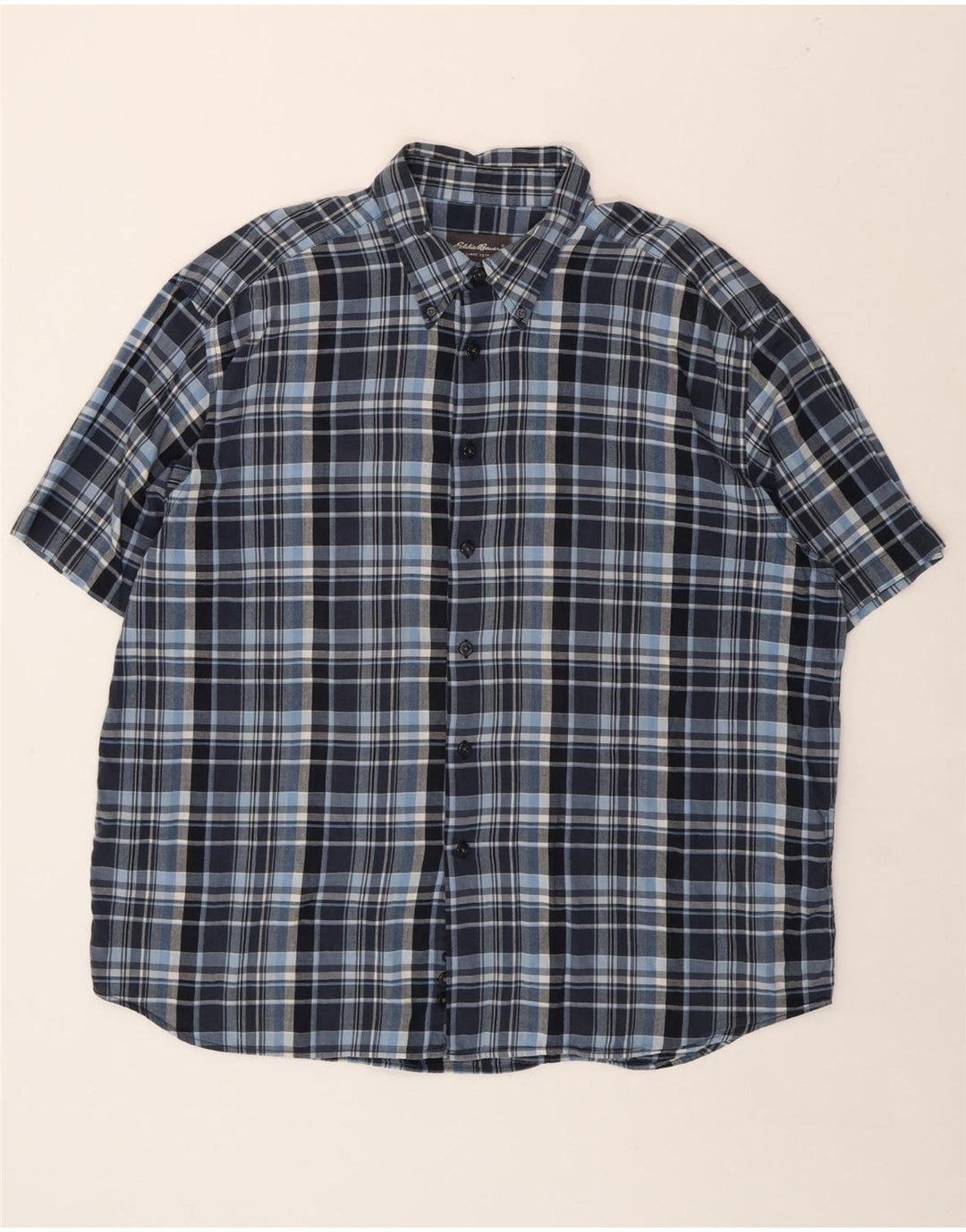 EDDIE BAUER Mens Short Sleeve Shirt 2XL Navy Blue Check Cotton Vintage Eddie Bauer and Second-Hand Eddie Bauer from Messina Hembry 