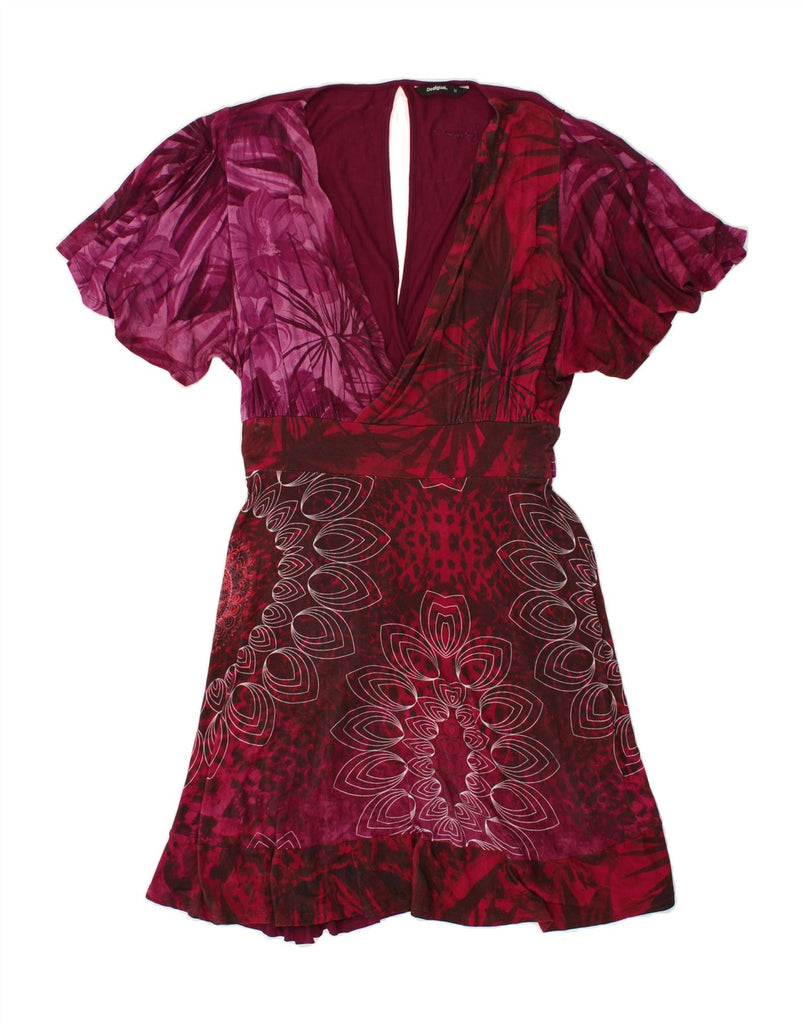 DESIGUAL Womens Batwing A-Line Dress UK 12 Medium Burgundy Floral Viscose | Vintage Desigual | Thrift | Second-Hand Desigual | Used Clothing | Messina Hembry 
