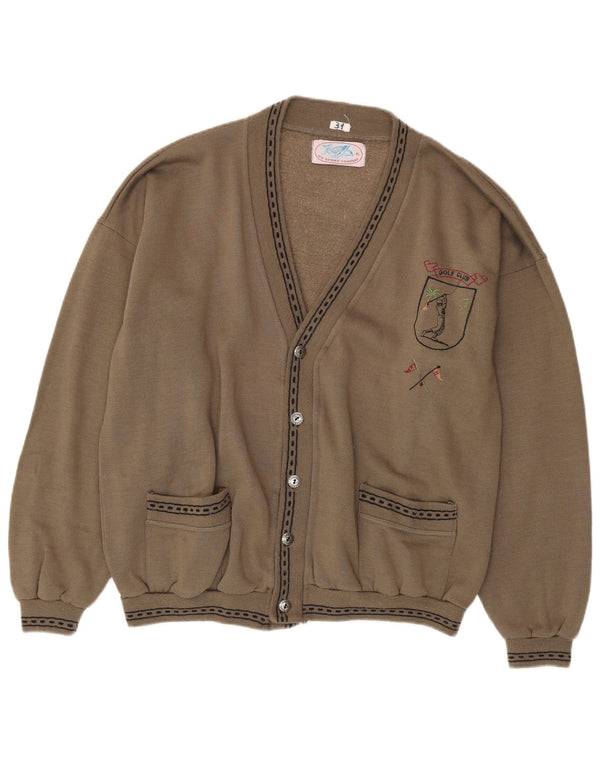 Vintage Mens Graphic Cardigan Sweater XL Beige Cotton