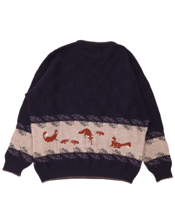 Vintage Mens Graphic Crew Neck Jumper Sweater XL Purple Colourblock Wool