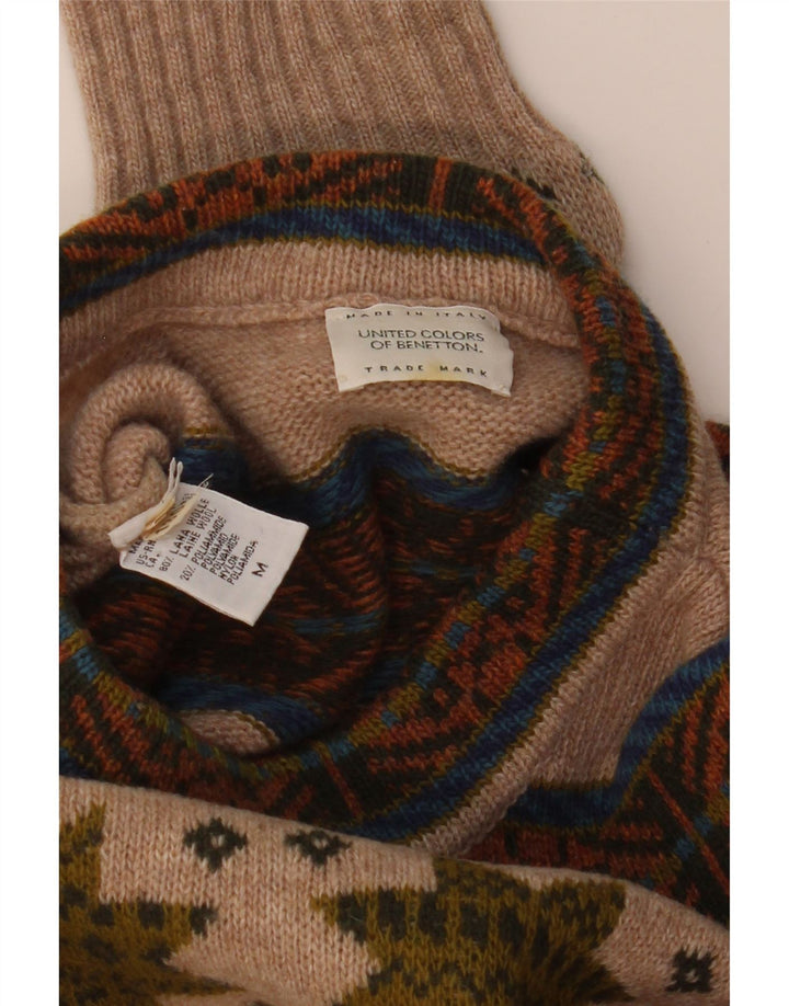Benetton Mens Crew Neck Jumper Sweater Medium Beige Fair Isle Wool