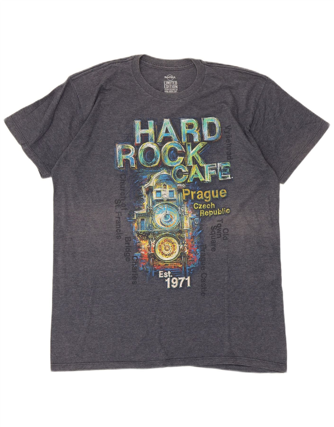 Hard Rock Cafe Mens Prague Graphic T-Shirt Top Large Grey Cotton