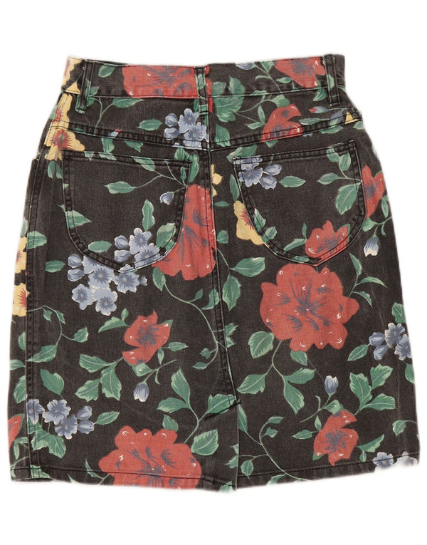 Vintage Womens Denim Skirt UK 12 Medium W28  Black Floral Cotton