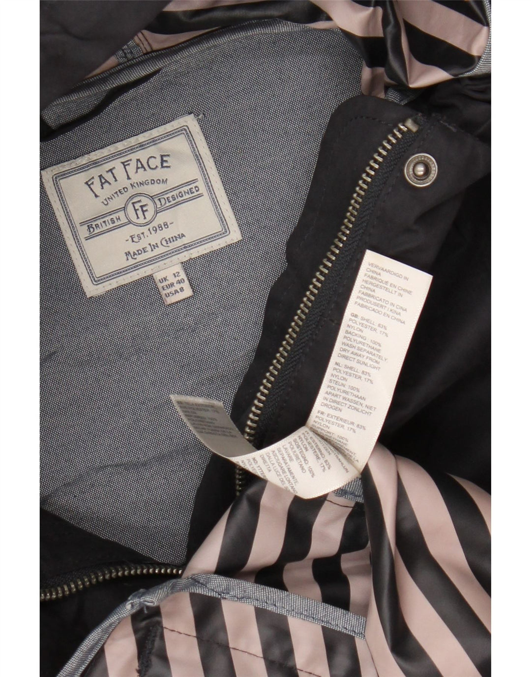 Fat Face Womens Hooded Rain Jacket UK 12 Medium Navy Blue Polyester