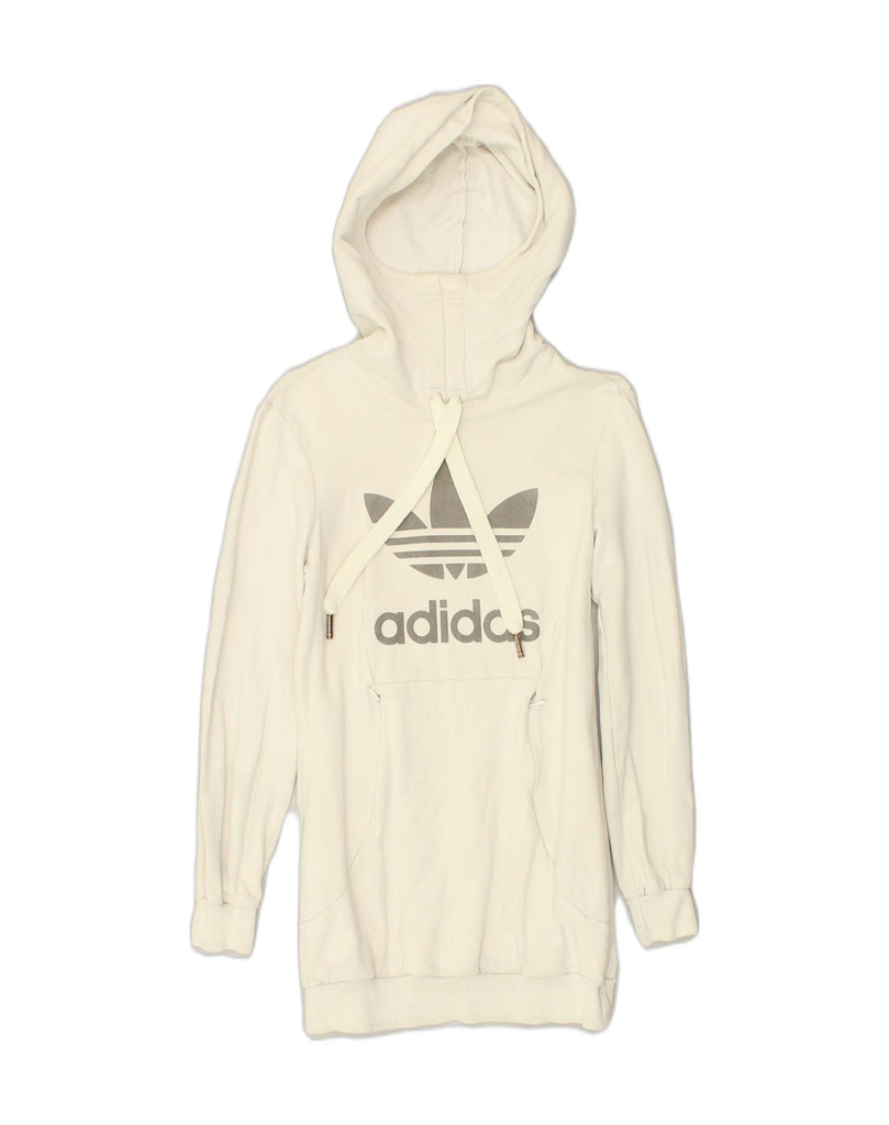 ADIDAS Womens Longline Graphic Hoodie Jumper UK 8 Small Off White Cotton | Vintage Adidas | Thrift | Second-Hand Adidas | Used Clothing | Messina Hembry 