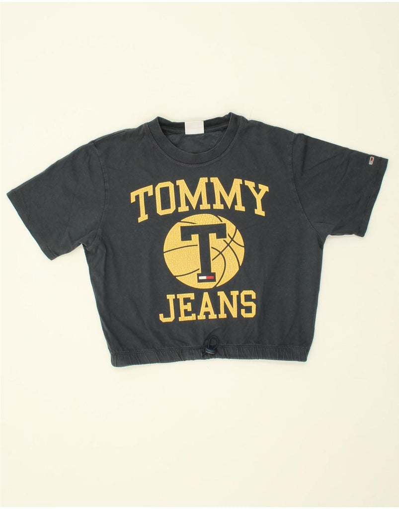 TOMMY HILFIGER Womens Oversized Crop Graphic T-Shirt Top UK 6 XS Navy Blue Vintage Tommy Hilfiger and Second-Hand Tommy Hilfiger from Messina Hembry 