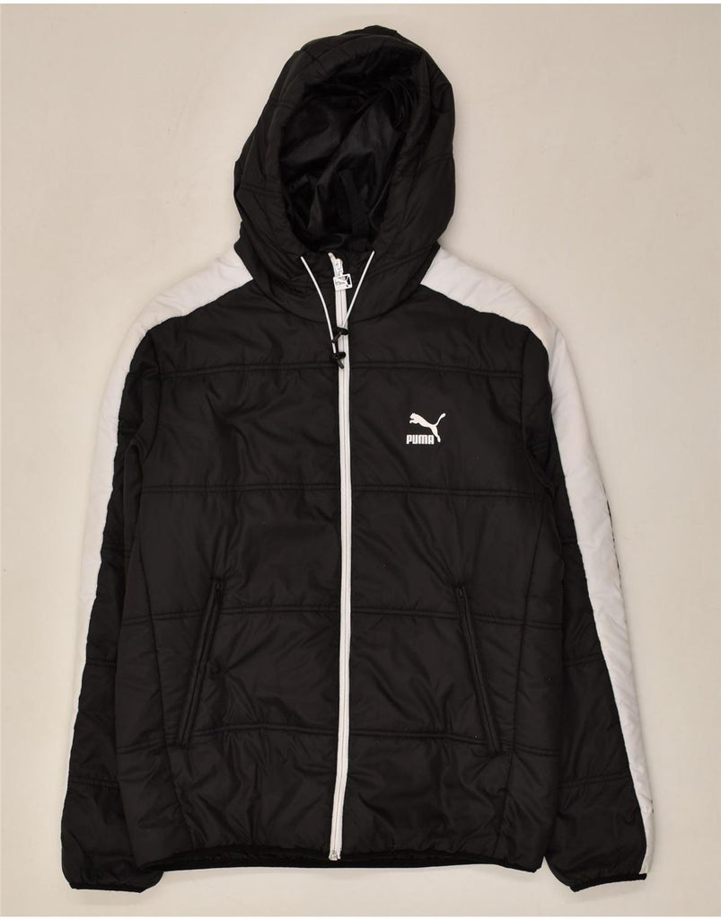 PUMA Mens Hooded Padded Jacket UK 38 Medium Black Colourblock Polyester | Vintage Puma | Thrift | Second-Hand Puma | Used Clothing | Messina Hembry 