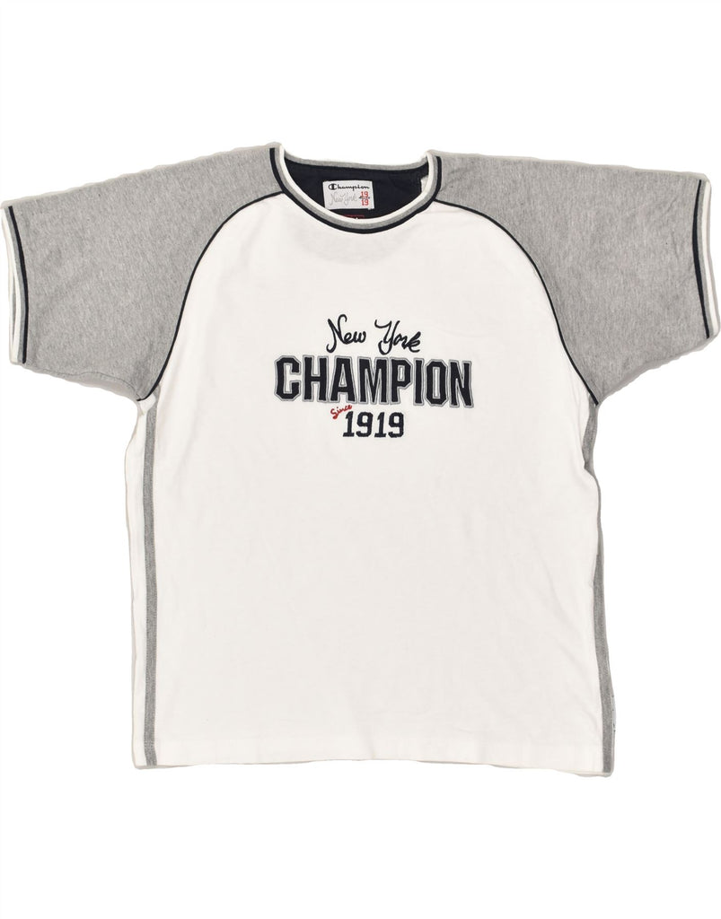 CHAMPION Boys Graphic T-Shirt Top 11-12 Years Large White Colourblock | Vintage Champion | Thrift | Second-Hand Champion | Used Clothing | Messina Hembry 