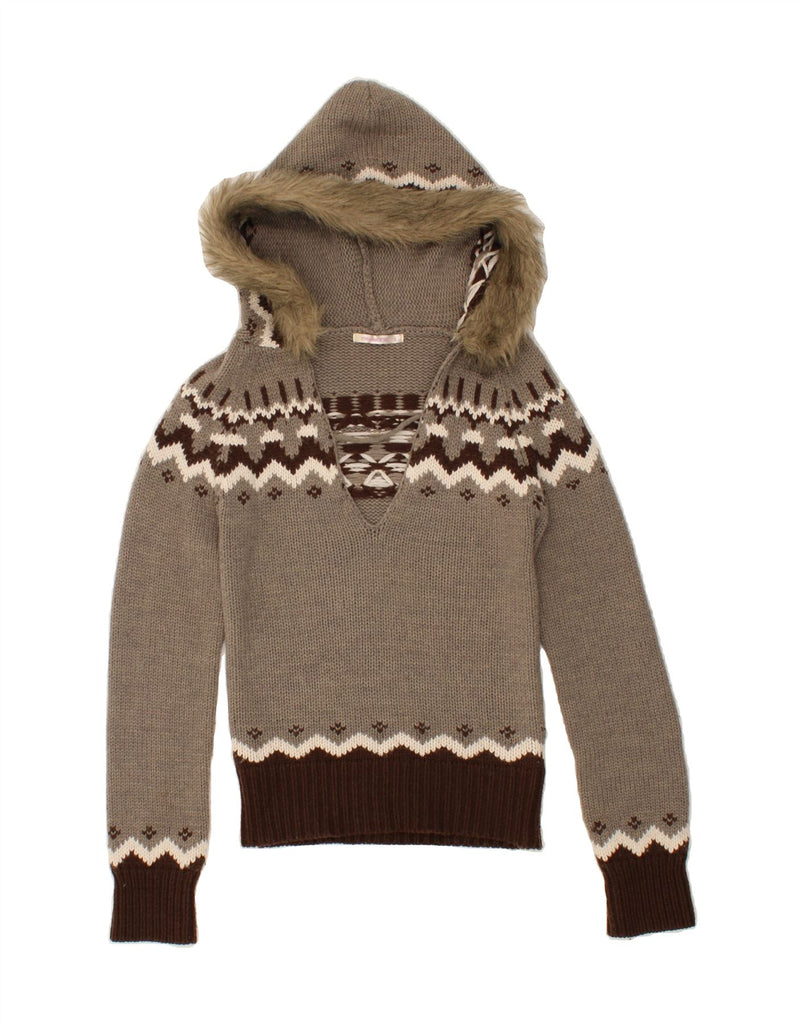 FISHBONE Womens Hooded V-Neck Jumper Sweater UK 8 Small Brown Fair Isle Vintage Fishbone and Second-Hand Fishbone from Messina Hembry 