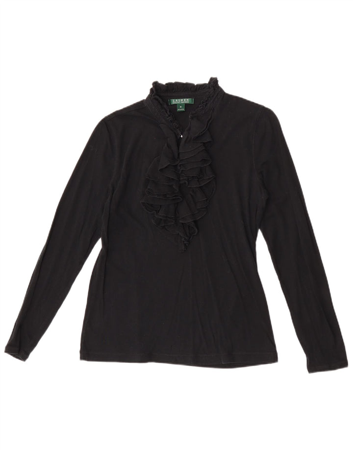 Ralph Lauren Womens Ruffle Front Top Long Sleeve UK 12 Medium Black