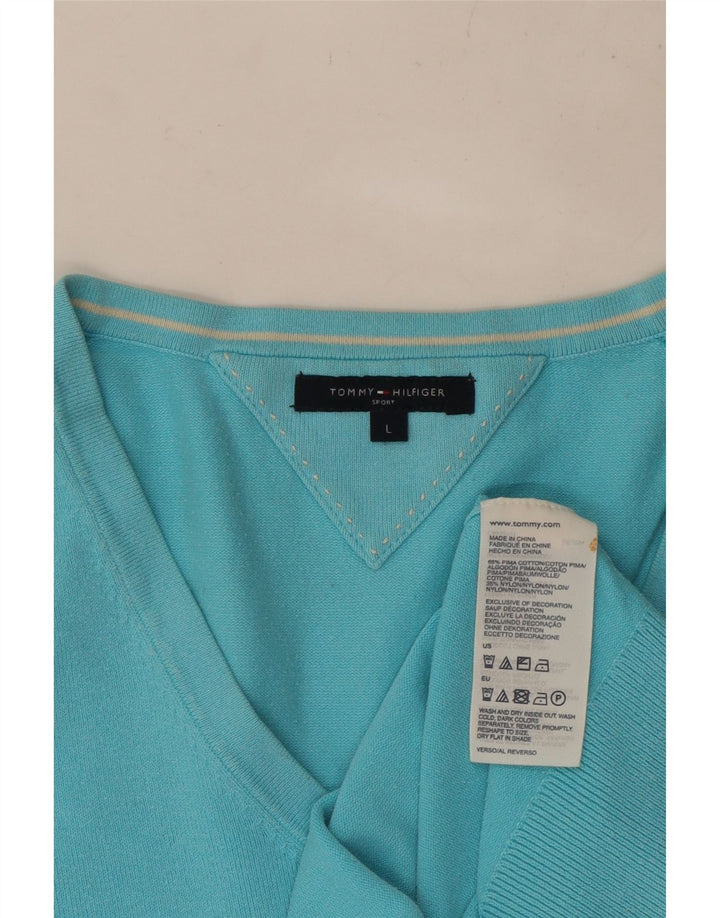 TOMMY HILFIGER Womens V-Neck Jumper Sweater UK 14 Large Blue Cotton