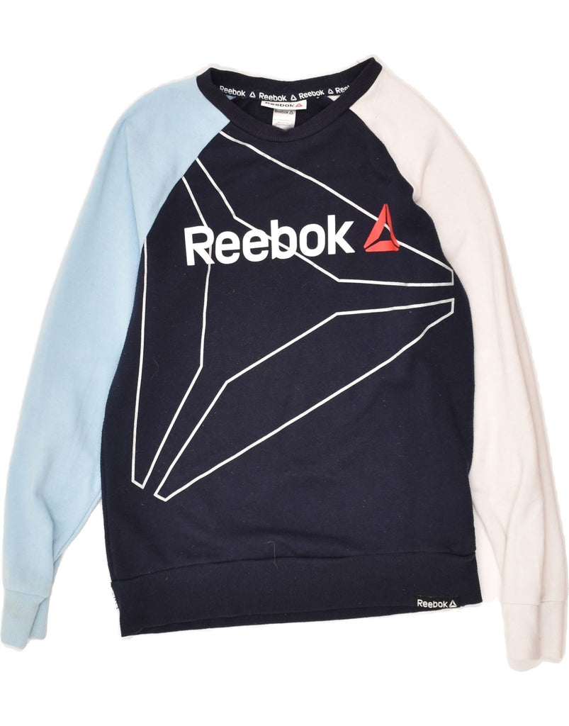 REEBOK Boys Graphic Sweatshirt Jumper 10-11 Years Large Navy Blue | Vintage Reebok | Thrift | Second-Hand Reebok | Used Clothing | Messina Hembry 