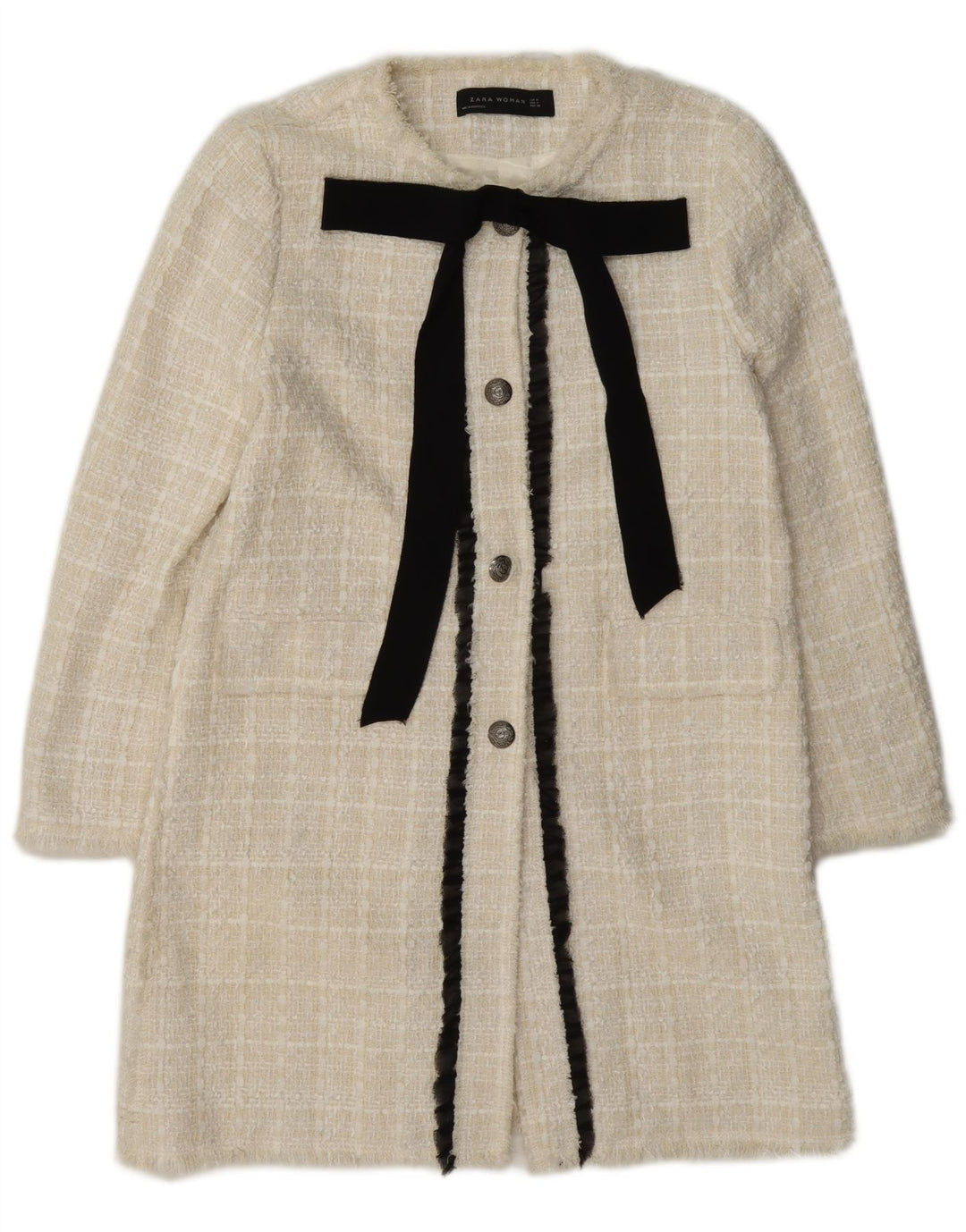 Zara Womens Longline 3 Button Blazer Jacket UK 12 Medium White Check Cotton