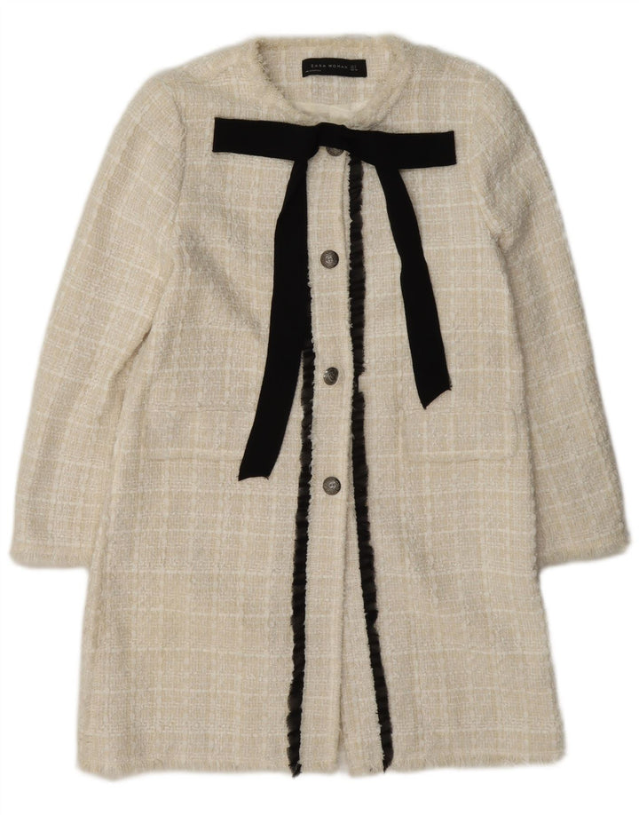 Zara Womens Longline 3 Button Blazer Jacket UK 12 Medium White Check Cotton