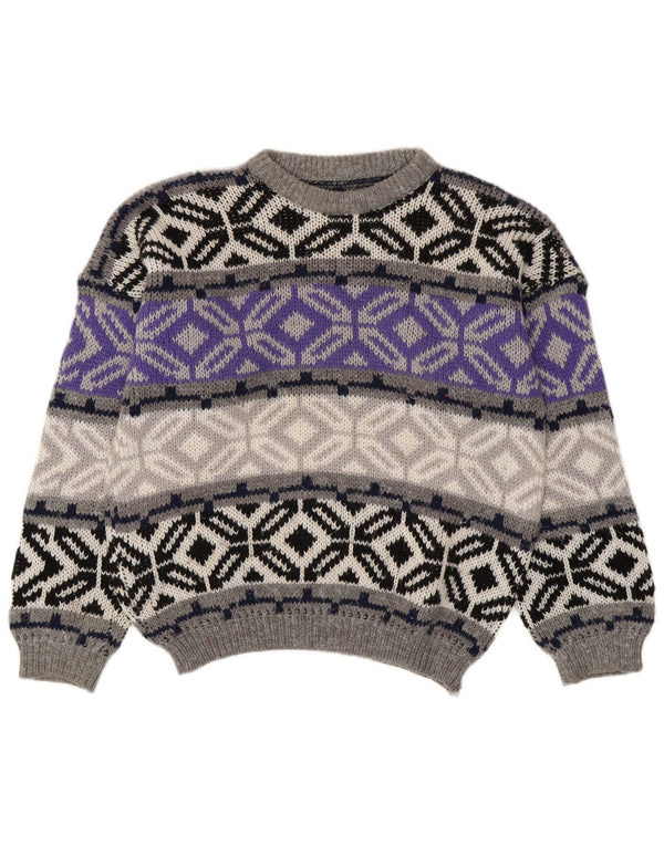 Vintage Mens Crew Neck Jumper Sweater Small Grey Fair Isle