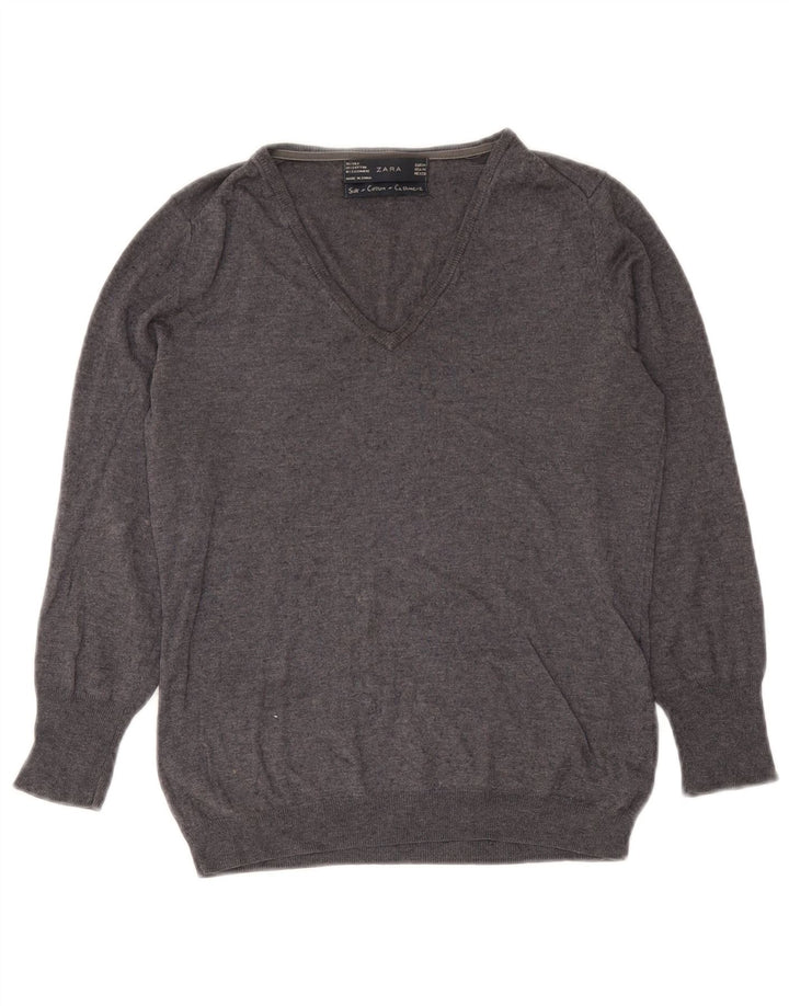 Zara Womens V-Neck Jumper Sweater UK 12 Medium Grey Silk