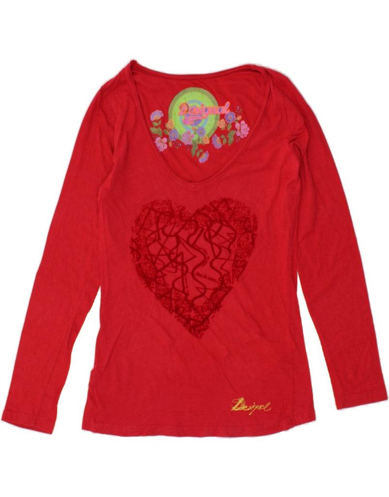 DESIGUAL Womens Graphic Top Long Sleeve UK 10 Small Red Cotton Heart | Vintage Desigual | Thrift | Second-Hand Desigual | Used Clothing | Messina Hembry 