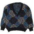 Vintage Mens V-Neck Jumper Sweater IT 48 Medium Blue Argyle/Diamond Wool