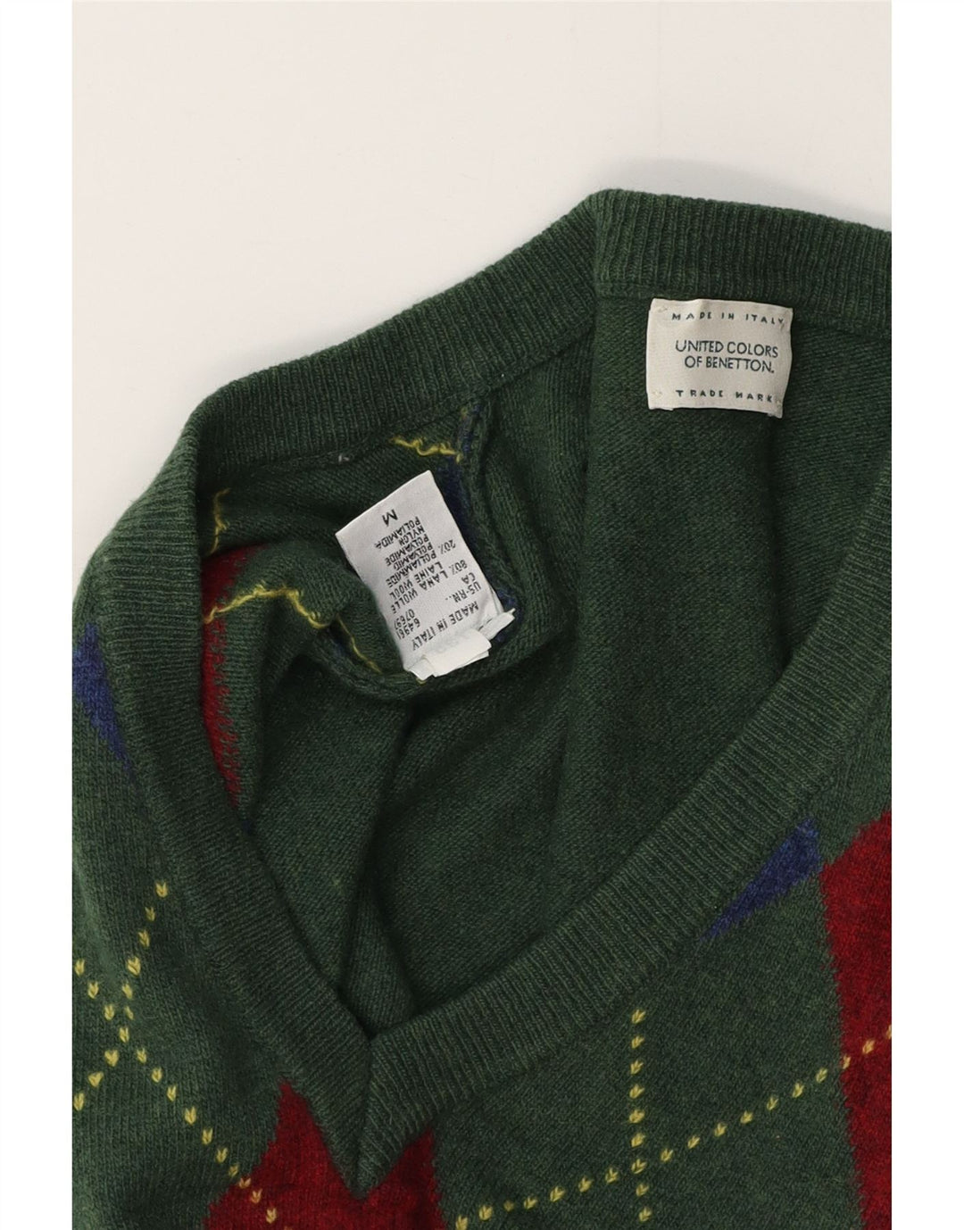 BENETTON Mens V-Neck Jumper Sweater Medium Green Argyle/Diamond Wool