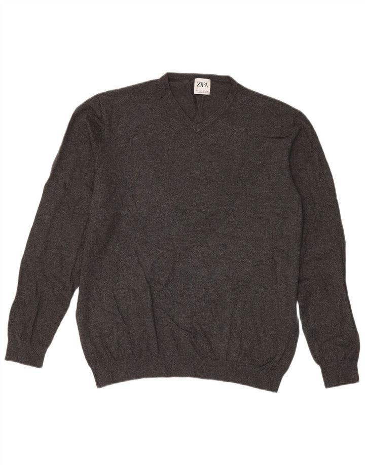 Zara Mens V-Neck Jumper Sweater Large Grey