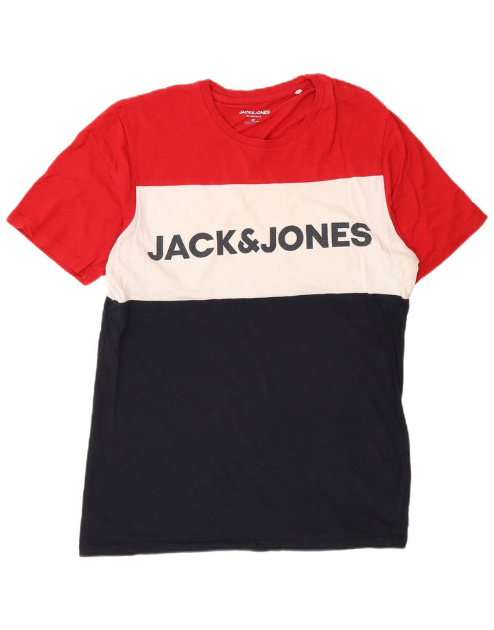 Jack & Jones Mens Graphic T-Shirt Top Medium Navy Blue Colourblock Cotton