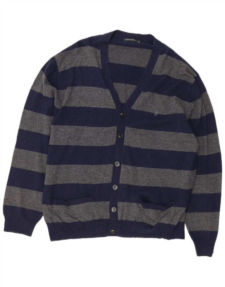 FRENCH CONNECTION Mens Cardigan Sweater 2XL Navy Blue Striped Lambswool