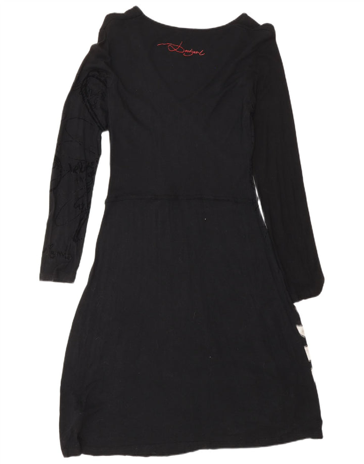 Desigual Womens Long Sleeve Basic Dress UK 14 Large Black Floral Viscose