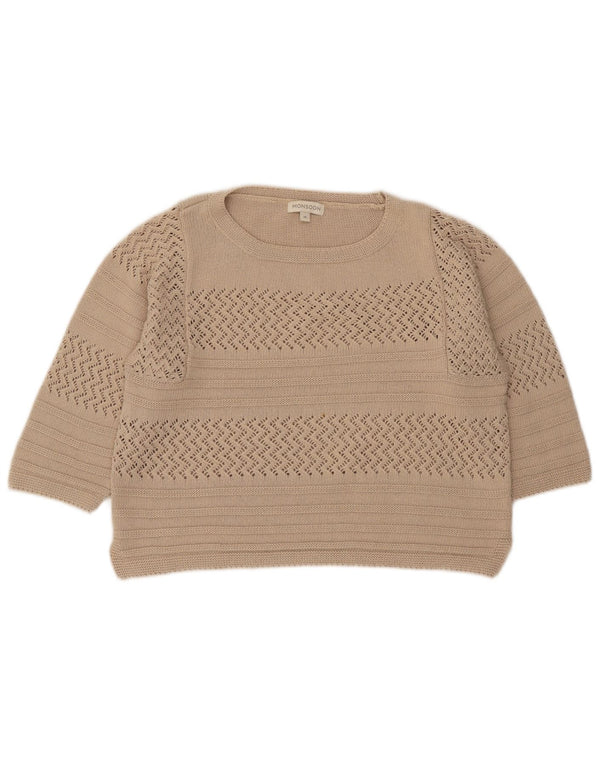 Monsoon Womens Crop 3/4 Sleeve Boat Neck Jumper Sweater UK 14 Medium Beige