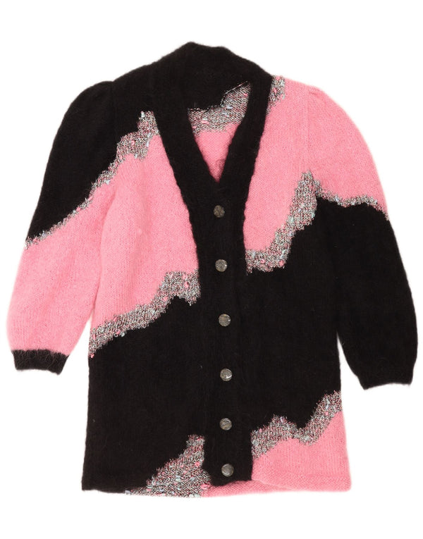 Vintage Womens Longline Cardigan Sweater UK 14 Medium Pink Colourblock