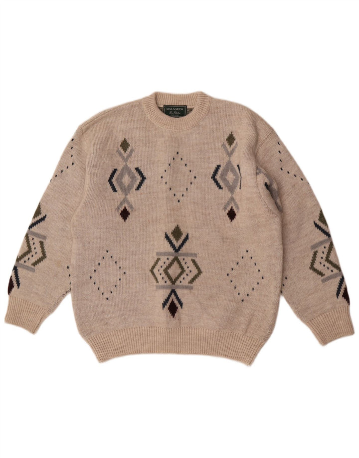 Malagrida Mens Crew Neck Jumper Sweater Medium Beige Geometric