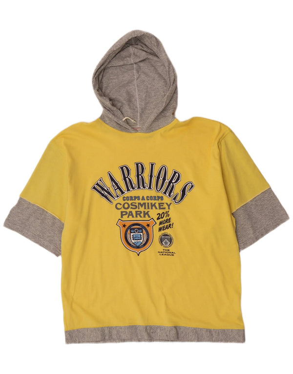 Vintage Mens Hooded Graphic T-Shirt Top Large Yellow Colourblock