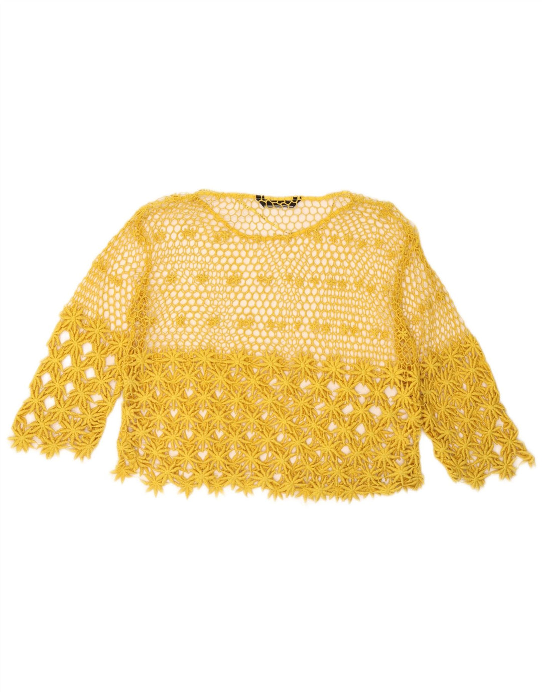 Zara Womens See Through Crochet Top 3/4 Sleeve UK 14 Medium Yellow