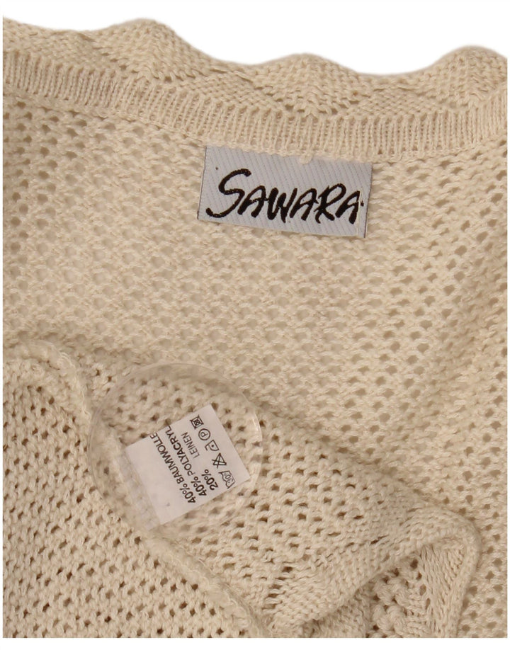 VINTAGE Womens Crop Sleeveless Crochet Cardigan Sweater UK 14 Large Beige