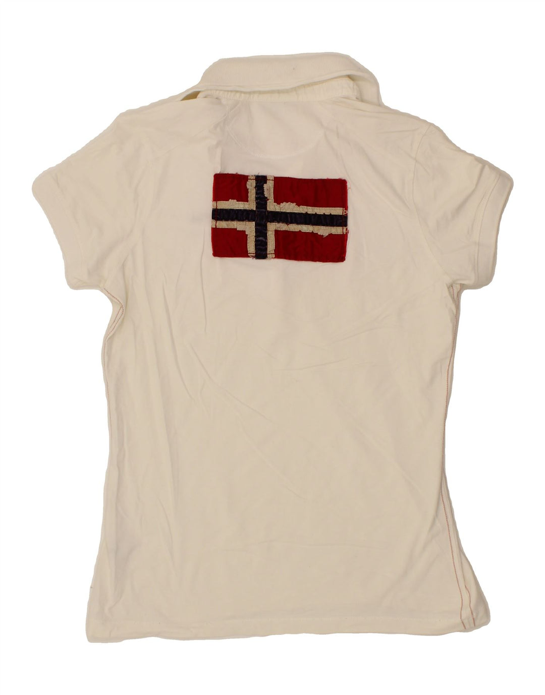 NAPAPIJRI Womens Graphic Polo Shirt UK 12 Medium Off White Vintage Napapijri and Second-Hand Napapijri from Messina Hembry 