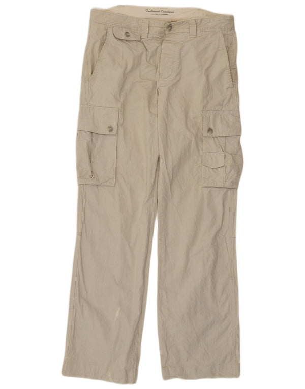 Zara Mens Straight Cargo Trousers EU 44 Large W34 L34 Beige Pinstripe
