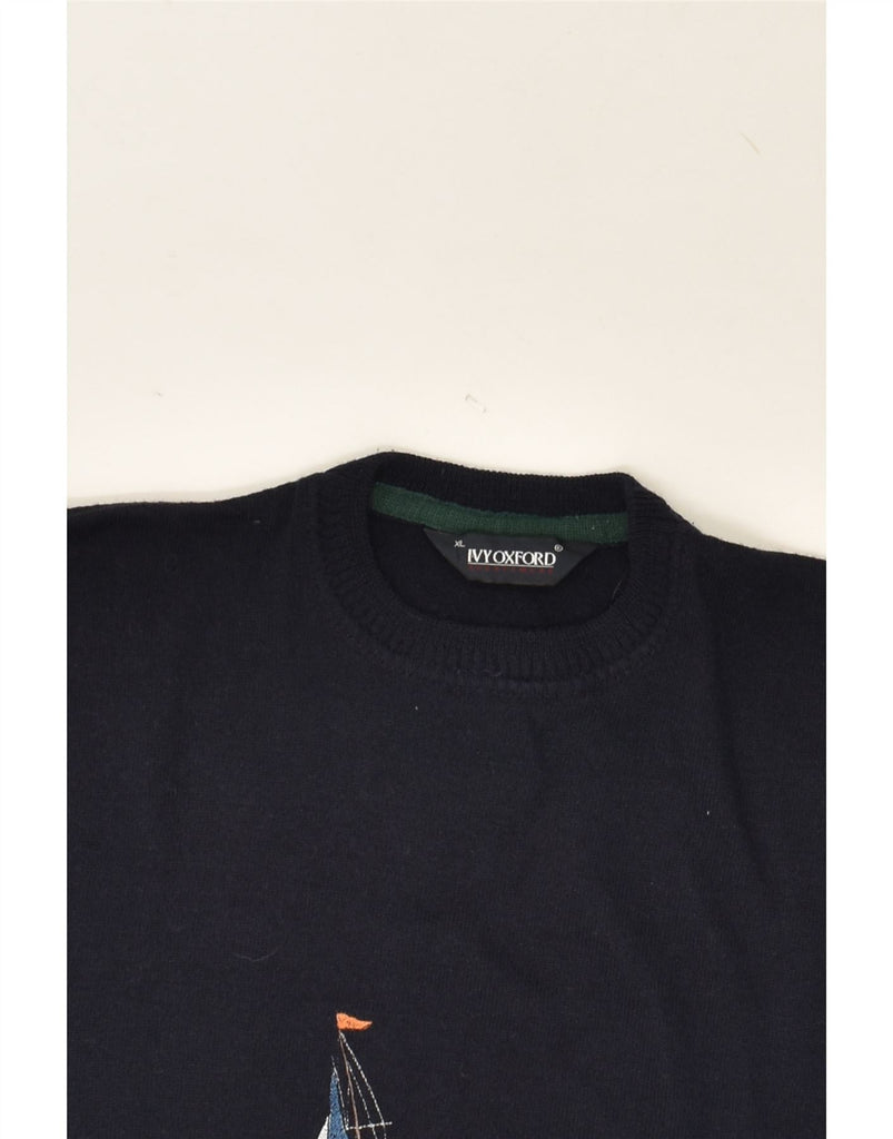 IVY OXFORD Mens Graphic Crew Neck Jumper Sweater XL Navy Blue Animal Print | Vintage Ivy Oxford | Thrift | Second-Hand Ivy Oxford | Used Clothing | Messina Hembry 