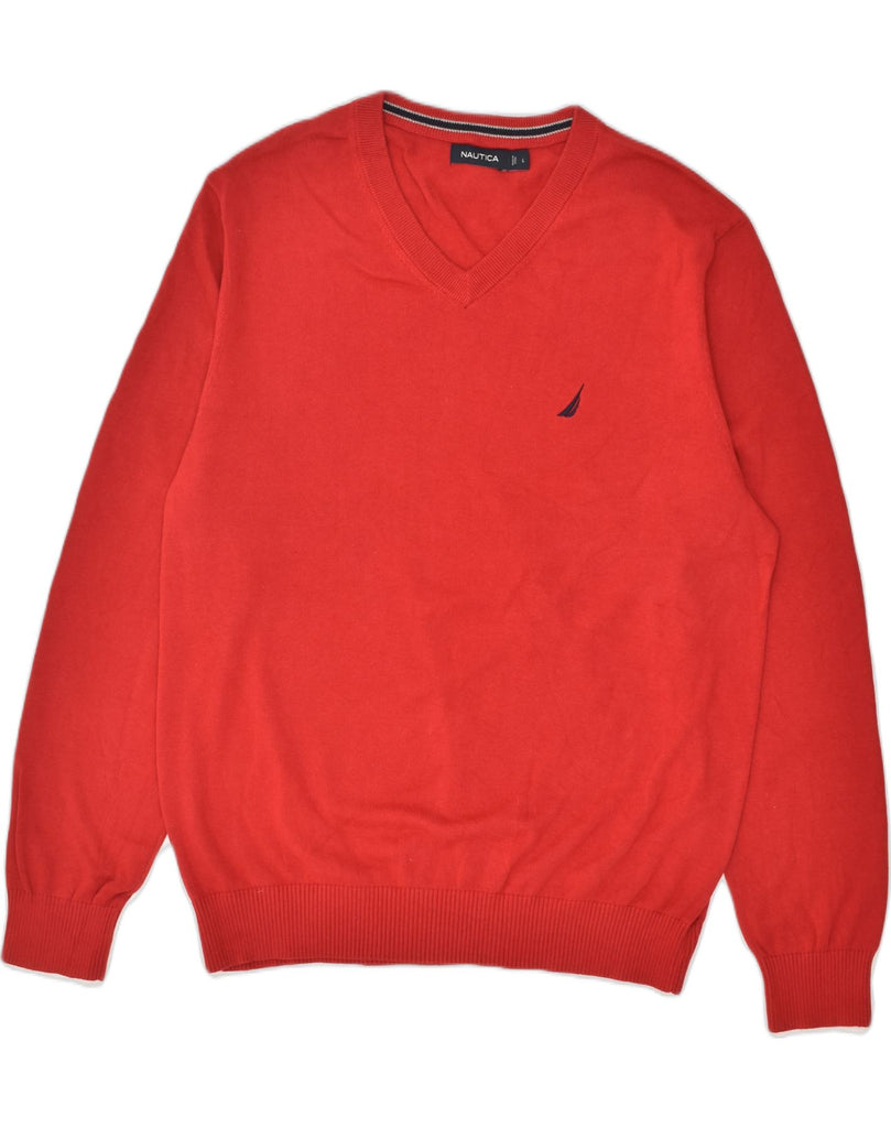 NAUTICA Mens V-Neck Jumper Sweater Large Red Cotton | Vintage Nautica | Thrift | Second-Hand Nautica | Used Clothing | Messina Hembry 
