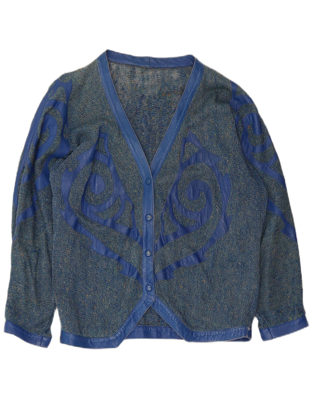 VINTAGE Womens Graphic Cardigan Sweater UK 16 Large Blue Flecked